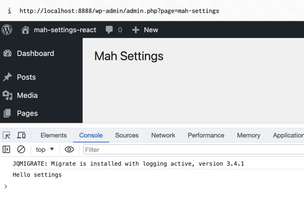 Página de opciones en WordPress con React imprimiendo "Hello Settings" en la consola